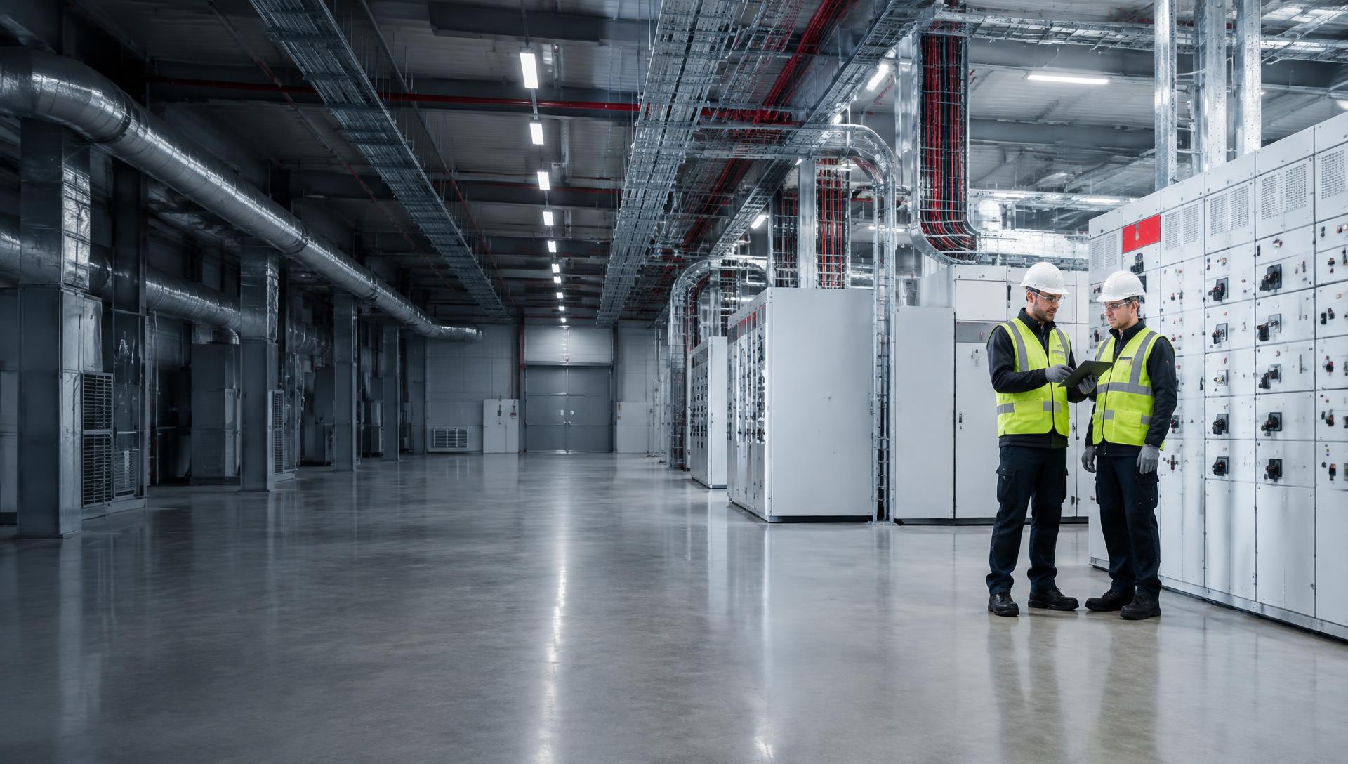 Engineers safely reviewing electrical and mechanical systems in a modern technical hall