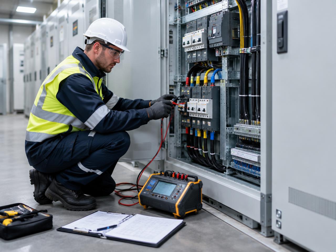 Engineer in protective equipment carrying out controlled electrical testing and commissioning