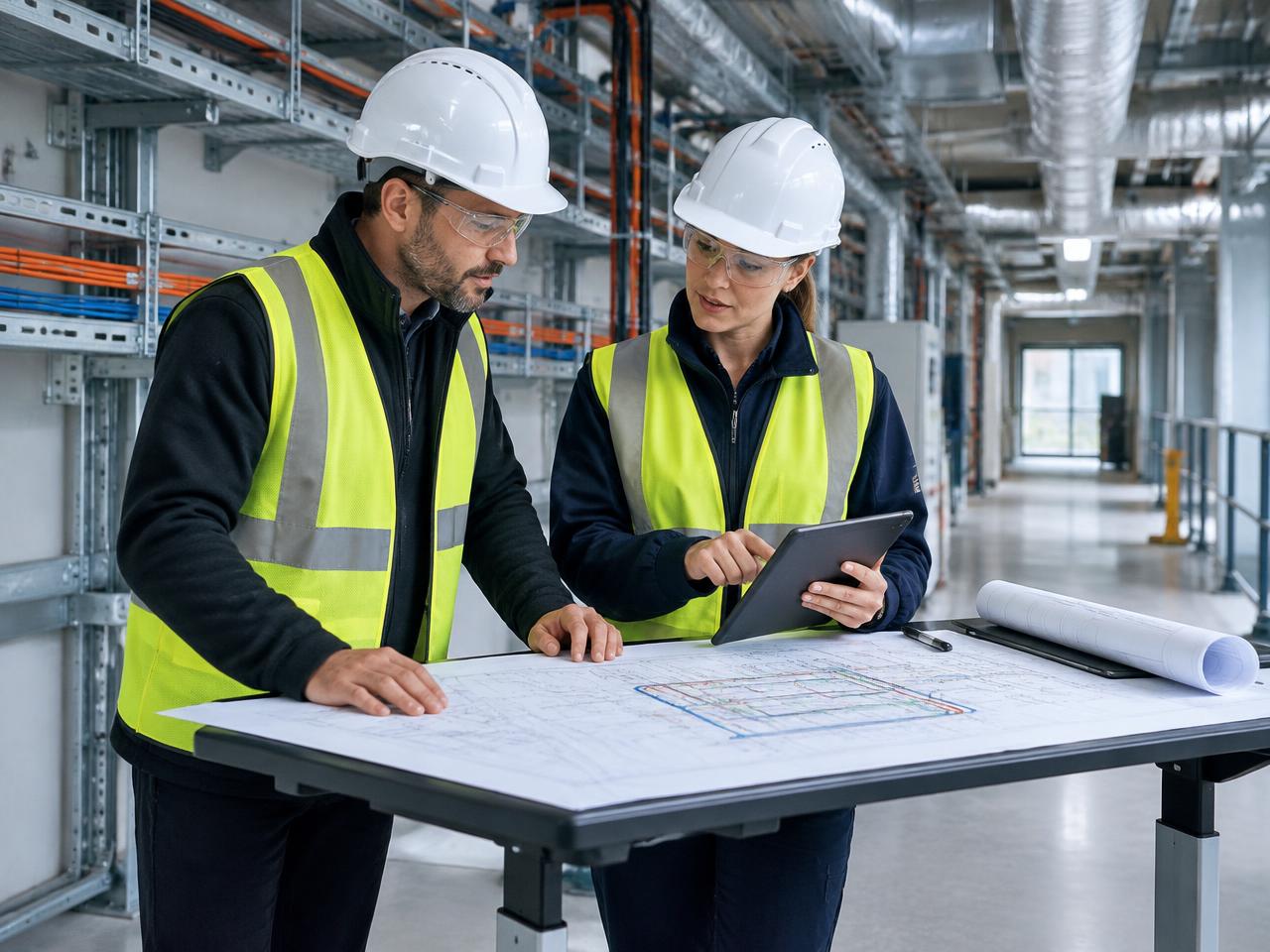 Engineers in protective equipment coordinating technical drawings and project information