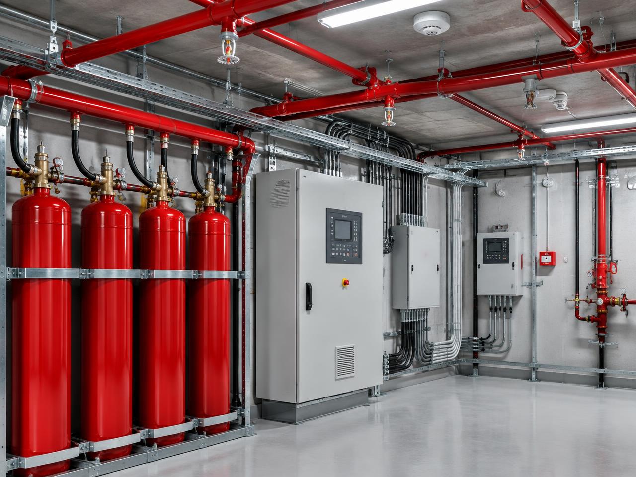 Integrated fire suppression cylinders, sprinkler pipework and detection control equipment