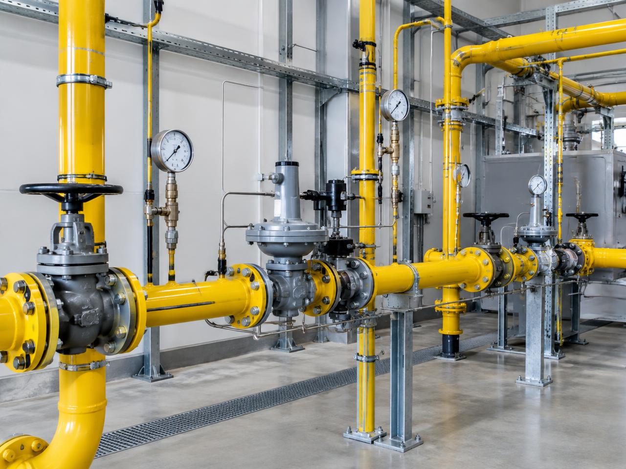 Professionally installed gas pipework with valves, regulators and pressure gauges