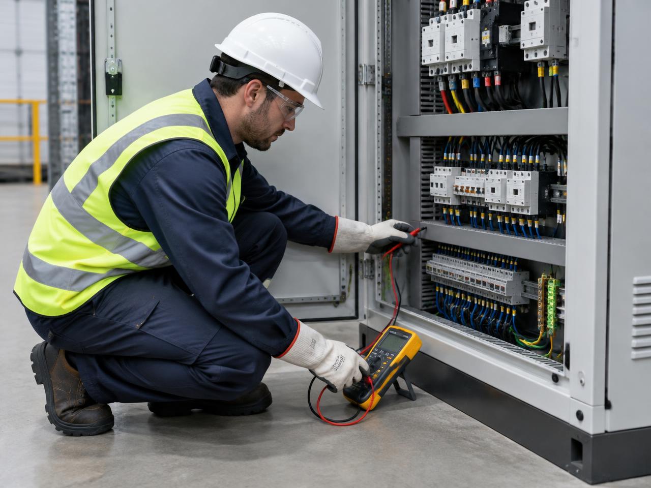 Maintenance technician in full protective equipment inspecting an electrical control cabinet