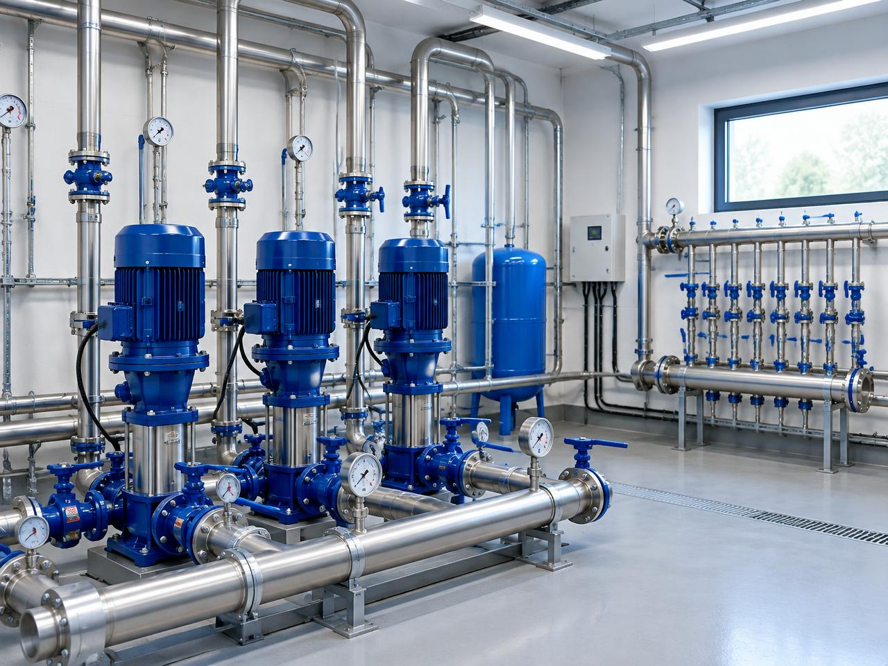 Water pumping installation with stainless steel pipework, valves and distribution manifolds