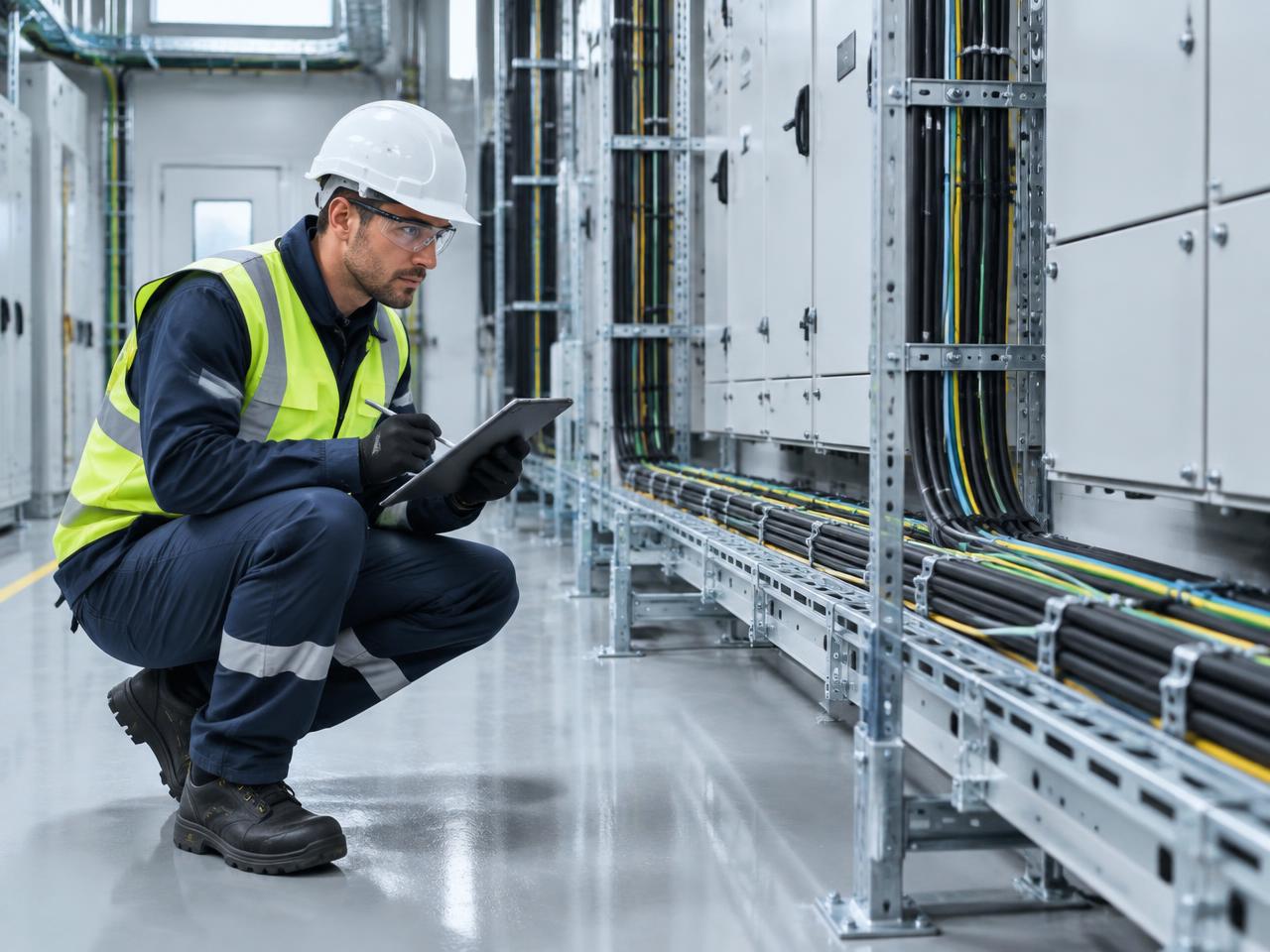 Engineer in protective equipment verifying a completed electrical installation against a checklist